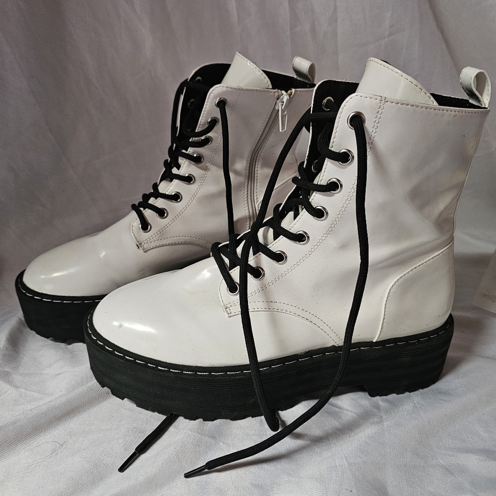 White Platform Lace-Up Combat Boots with Black Laces
